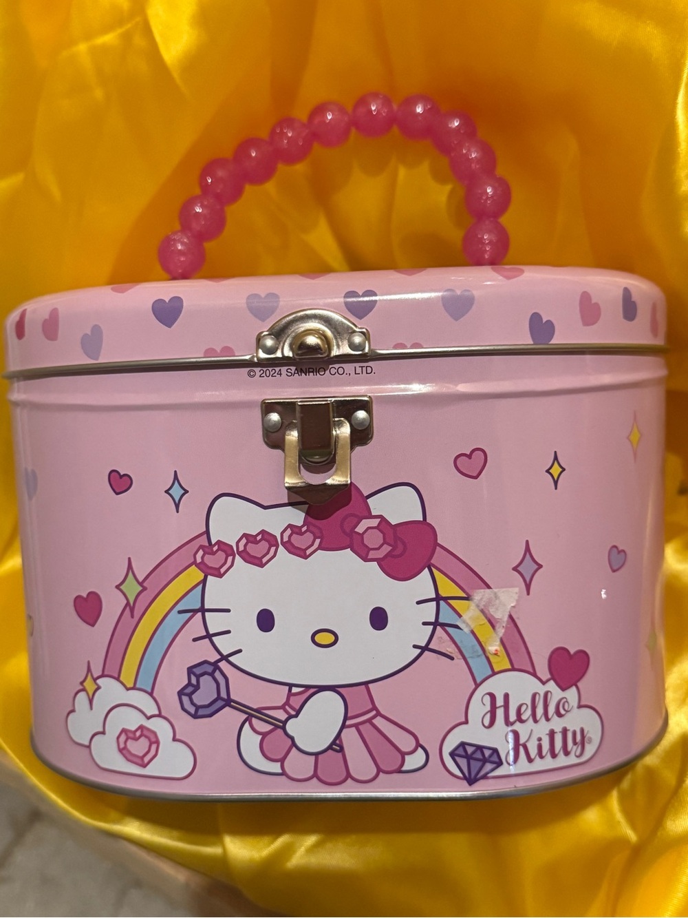 Hello Kitty Pink Tin Carry Case with Beaded Handle